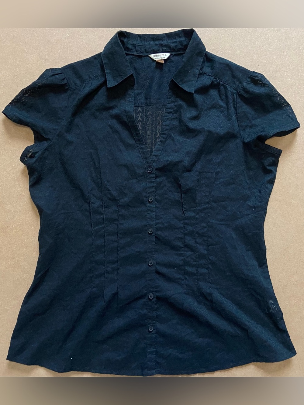 Y2K - Sonoma Life + Style Black Button Down Shirt with Sheer Mesh Lace - Large